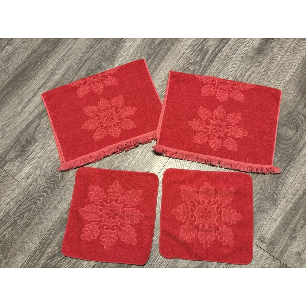 Vintage Cannon Royal Family Sculpted Fringe Red 2 Hand towels & 2 Wash Cloths